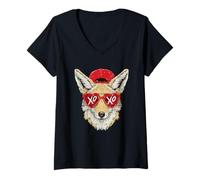 Women's Stylish Fox Coyote with Heart Sunglasses Trendy Animal Art V-Neck T-Shirt