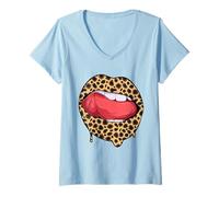 Womens Stylish Leopard Cheetah Print Lips Kiss Funny V-Neck T-Shirt
