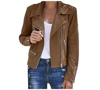 Womens Stylish Notched Collar Faux Suede Motorcycle Jackets Casual Zip Up Short Cowgirl Bomber Coat Fall Winter Outwear(Brown,Small)