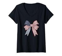 Womens Stylish Star Stripes Bow American colored Retro Coquette V-Neck T-Shirt