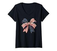 Womens Stylish Star Stripes Bow American colored Retro Coquette V-Neck T-Shirt