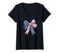 Womens Stylish Star Stripes Bow American colored Retro Coquette V-Neck T-Shirt