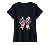 Womens Stylish Star Stripes Bow American colored Retro Coquette V-Neck T-Shirt