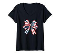Womens Stylish Star Stripes Bow American colored Retro Coquette V-Neck T-Shirt