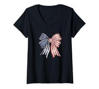 Womens Stylish Star Stripes Bow American colored Retro Coquette V-Neck T-Shirt