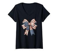 Womens Stylish Star Stripes Bow American colored Retro Coquette V-Neck T-Shirt