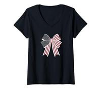 Womens Stylish Star Stripes Bow American colored Retro Coquette V-Neck T-Shirt