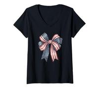 Womens Stylish Star Stripes Bow American colored Retro Coquette V-Neck T-Shirt