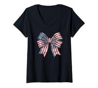 Womens Stylish Star Stripes Bow American colored Retro Coquette V-Neck T-Shirt