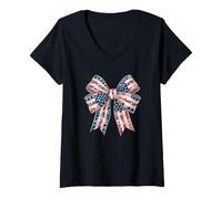 Womens Stylish Star Stripes Bow American colored Retro Coquette V-Neck T-Shirt