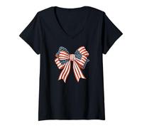 Womens Stylish Star Stripes Bow American colored Retro Coquette V-Neck T-Shirt