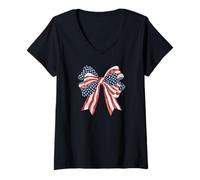 Womens Stylish Star Stripes Bow American colored Retro Coquette V-Neck T-Shirt