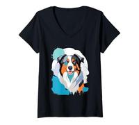 Womens Stylized Australian Shepherd Head with Color Splashes V-Neck T-Shirt