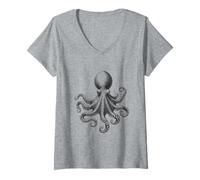 Women's Stylized Black Silhouette Octopus with Flowing Tentacles Des V-Neck T-Shirt
