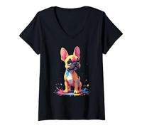 Womens Stylized Cartoon Frenchie with Colorful Splatter Pattern V-Neck T-Shirt