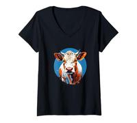 Womens Stylized Cartoon Hereford Cow Head on Blue Circle V-Neck T-Shirt