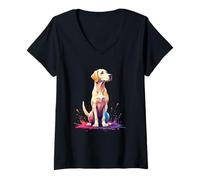 Womens Stylized Cartoon Labrador with Color Splashes V-Neck T-Shirt