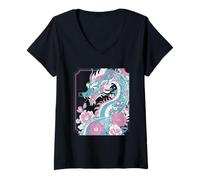 Women's Stylized Dragon Floral Art in Turquoise and Pink V-Neck T-Shirt