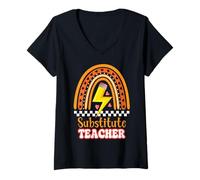 Women's Substitute Teacher Boho Rainbow Groovy Appreciation Gift V-Neck T-Shirt