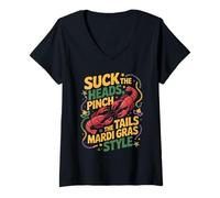 Womens Suck The Heads Pinch The Tails Mardi Gras Style V-Neck T-Shirt