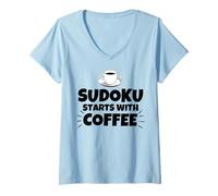 Women's Sudoku Starts with Coffee V-Neck T-Shirt