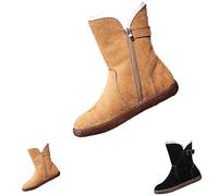 Women's Suede Ankle Boot, Women's Winter Warm Boots, Zip Up Boots, Fleece Lined Mid Calf Boot, Solid Colour, Casual Ankle Boot, Versatile Round Toe Ankle Boots, Black, 6 UK