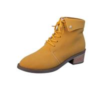 Women's Suede Ankle Boots, Lace-Up Design with Fold-Over Collar, Block Heel, Yellow and Brown, Autumn Casual Style, Decorative Snap Button