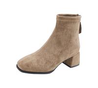 Women's Suede Ankle Boots Square Toe Short Booties Chunky Block Heel Pull On Booties with Back Zipper Ladies Fall Winter Casual Comfortable Mid Calf Boots Khaki