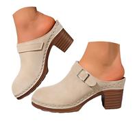 Women's Suede Block Heel Mule Slippers Ladies Buckle Closed Toe Platform Orthopedic Arch Support Sole Slippers Comfortable Walking Shoes Hollow Orthotic Slides Wide Fit Casual Walking Shoes