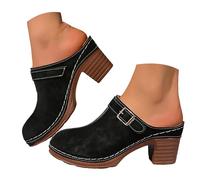 Women's Suede Block Heel Mule Slippers Ladies Buckle Closed Toe Platform Orthopedic Arch Support Sole Slippers Comfortable Walking Shoes Hollow Orthotic Slides Wide Fit Casual Walking Shoes