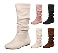 Womens Suede Boots Mid Calf Boots Women Side Zip Western Boot Flat Biker Boot Pull On Fall Weather Boot Comfortable Walking Booties Fashionable Pointed Toe Booties Riding Bootie