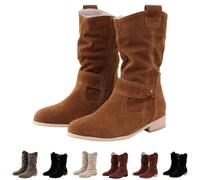 Womens Suede Boots Tan Side Zip Boots Women Retro Cowboy Boot Vintage Cowgirls Boot Stylish British Booties Lightweight Western Booties Ladieswalking Bootie Low Heel Casual Bootie