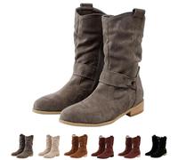 Womens Suede Boots Tan Side Zip Boots Women Retro Cowboy Boot Vintage Cowgirls Boot Stylish British Booties Lightweight Western Booties Ladieswalking Bootie Low Heel Casual Bootie