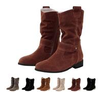 Womens Suede Boots Tan Side Zip Boots Women Retro Cowboy Boot Vintage Cowgirls Boot Stylish British Booties Lightweight Western Booties Ladieswalking Bootie Low Heel Casual Bootie