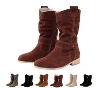 Womens Suede Boots Tan Side Zip Boots Women Retro Cowboy Boot Vintage Cowgirls Boot Stylish British Booties Lightweight Western Booties Ladieswalking Bootie Low Heel Casual Bootie