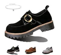 Women's Suede Chunky Platform Penny Loafers with Metal Buckle,Women's Comfortable British Style Retro Slip-on Shoes,Non-Slip Chunky Heel Loafers for Business Office Work Everyday Wear (Black,38 EU)