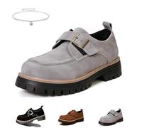 Women's Suede Chunky Platform Penny Loafers with Metal Buckle,Women's Comfortable British Style Retro Slip-on Shoes,Non-Slip Chunky Heel Loafers for Business Office Work Everyday Wear (Grey,40 EU)