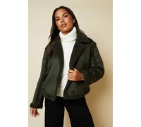 Womens Suede Cropped Aviator Jacket Khaki 6