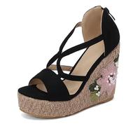 Women's Suede Espadrille Wedge Sandals Chunky Platform Heel Handcrafted Floral Pearl Embellished Open Toe Shoes with Back Zipper,Black,4 UK