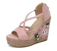 Women's Suede Espadrille Wedge Sandals Chunky Platform Heel Handcrafted Floral Pearl Embellished Open Toe Shoes with Back Zipper,Pink,10 UK