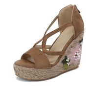 Women's Suede Espadrille Wedge Sandals Chunky Platform Heel Handcrafted Floral Pearl Embellished Open Toe Shoes with Back Zipper,Khaki,7 UK