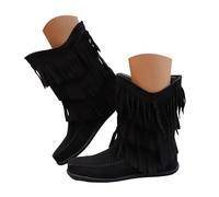 Women's Suede Fringe Ankle Boots Boho Round Toe Pull-On Western Style Boots Tassel Knight Booties Shoes Fall 2026 Winter Casual Fashion Booties Country Concert Outfits Outdoor Party Black
