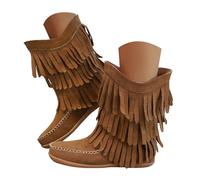 Women's Suede Fringe Ankle Boots Boho Round Toe Pull-On Western Style Boots Tassel Knight Booties Shoes Fall 2026 Winter Casual Fashion Booties Country Concert Outfits Outdoor Party Brown