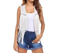 Women's Suede Fringe Trim Sleeveless Crop Vest Open Front 70s Hippie Faux Suede Jacket Coat with Tassel Y2K Streetwear (White, XL)