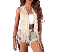 Women's Suede Fringe Trim Sleeveless Crop Vest Open Front 70s Hippie Faux Suede Jacket Coat with Tassel Y2K Streetwear (Ivory#2, M)