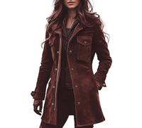 Womens Suede Jacket, Women's Brown Vintage Suede Blazer Jackets Western Cowboy Long Sleeve Lapel Windbreaker Coats Full Zip Button Cuffs Mid Length Dress Jacket Retro Cowgirl Outerwear with Pockets