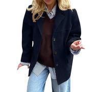 Women's Suede Jackets Oversized Single-Breasted Faux Leather Blazers Vintage Notch Lapel Collar Suit Coats in Old Money Aesthetic Fall Winter Long Sleeve Button Down Heritage Style Outerwear Navy