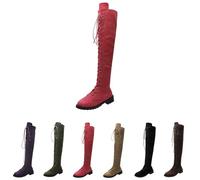 Women's Suede Knee-High Boots, Ladies Over The Knee Boots, Lace up and Side Zipper Combat Knitted Shaft, Durable Comfortable Soft Bottom Low Flat Heel Riding Shoes Size 6 Hot Pink