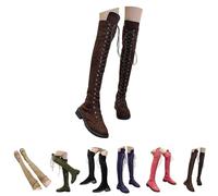 Women's Suede Knee-High Boots, Ladies Over The Knee Boots, Lace up and Side Zipper Combat Knitted Shaft, Durable Comfortable Soft Bottom Low Flat Heel Riding Shoes Size 5 Brown