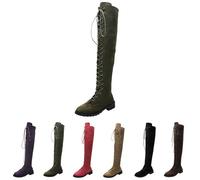 Women's Suede Knee-High Boots, Ladies Over The Knee Boots, Lace up and Side Zipper Combat Knitted Shaft, Durable Comfortable Soft Bottom Low Flat Heel Riding Shoes Size 5.5 Green